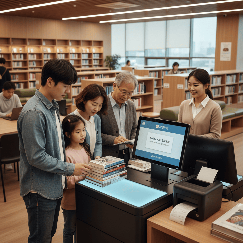 A patron using a self-checkout RFID kiosk