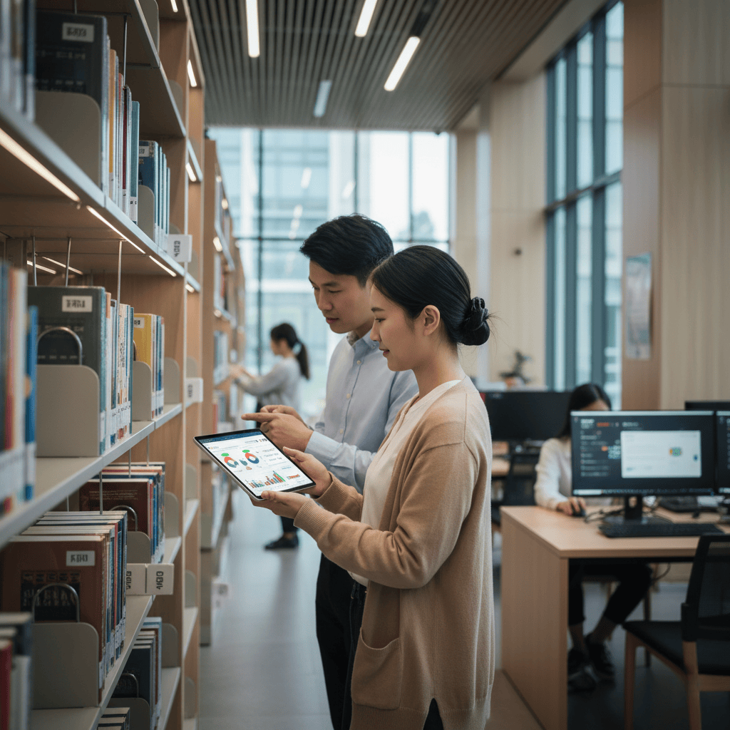 A smart shelf in a library with RFID readers