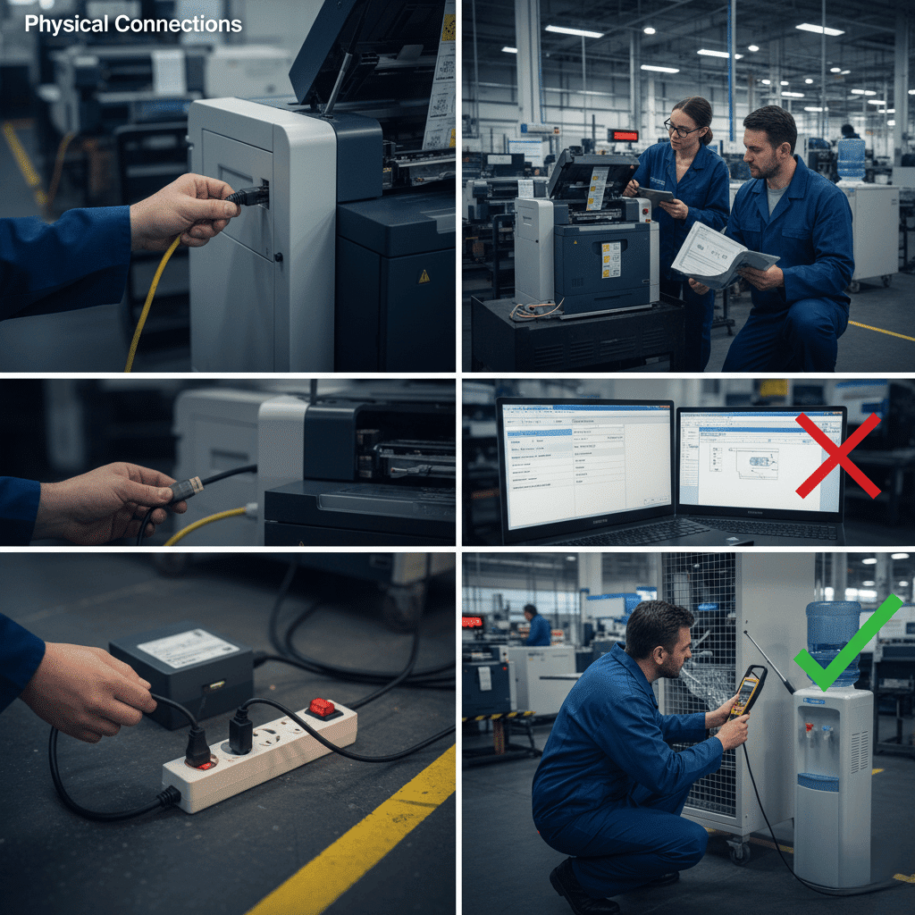 Close-up of USB, Ethernet, and Serial ports on a printer