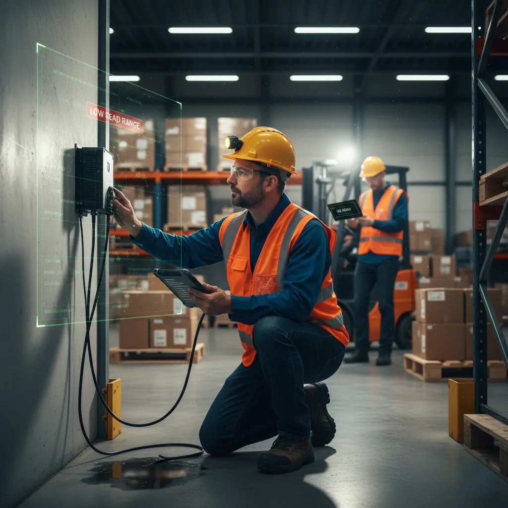 Technician troubleshooting an RFID reader in a warehouse