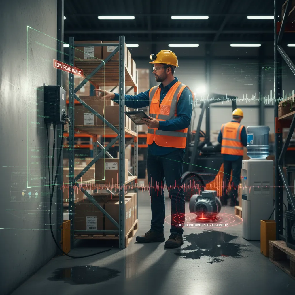 An RFID antenna next to metal shelving and a water bottle to show interference