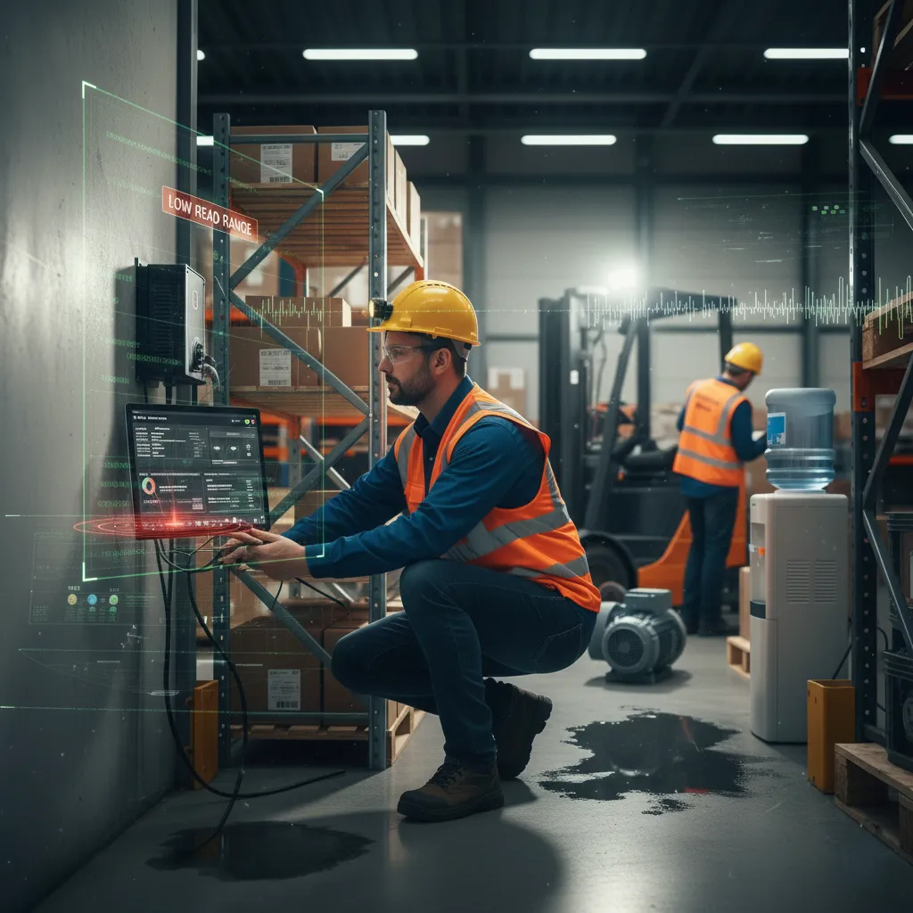 Close-up of an RFID reader's power and antenna cable connections