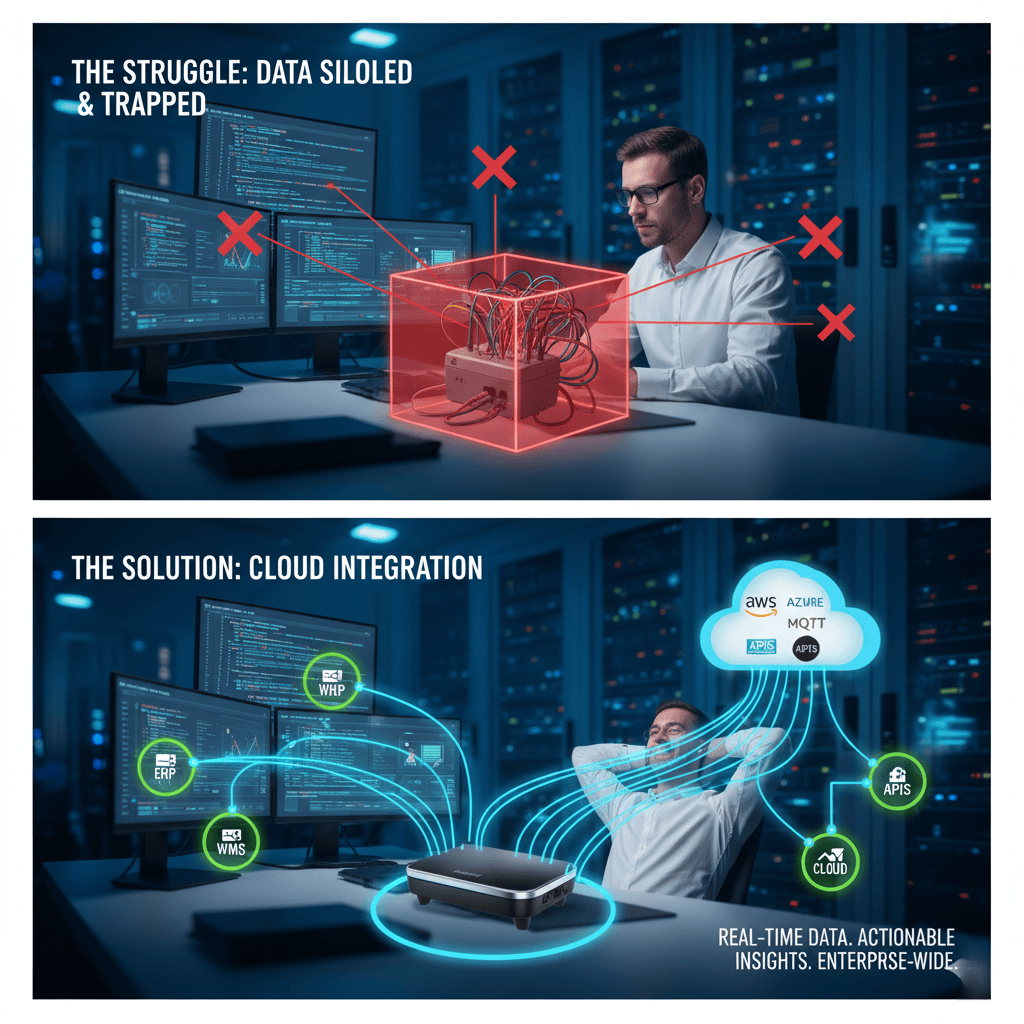 A diagram showing RFID data flowing to cloud servers and a user's tablet