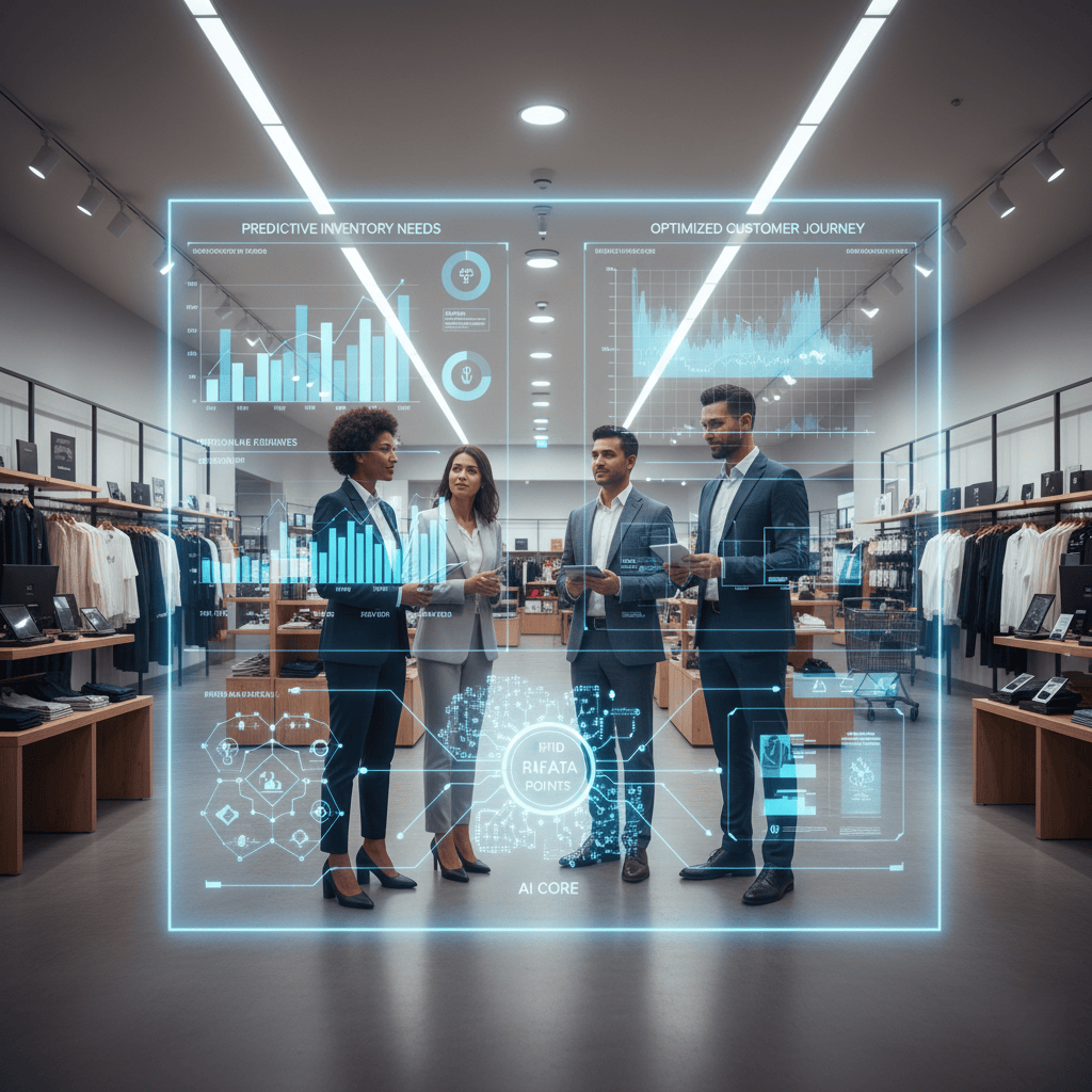 A graphic showing data points being analyzed by a brain-like AI icon