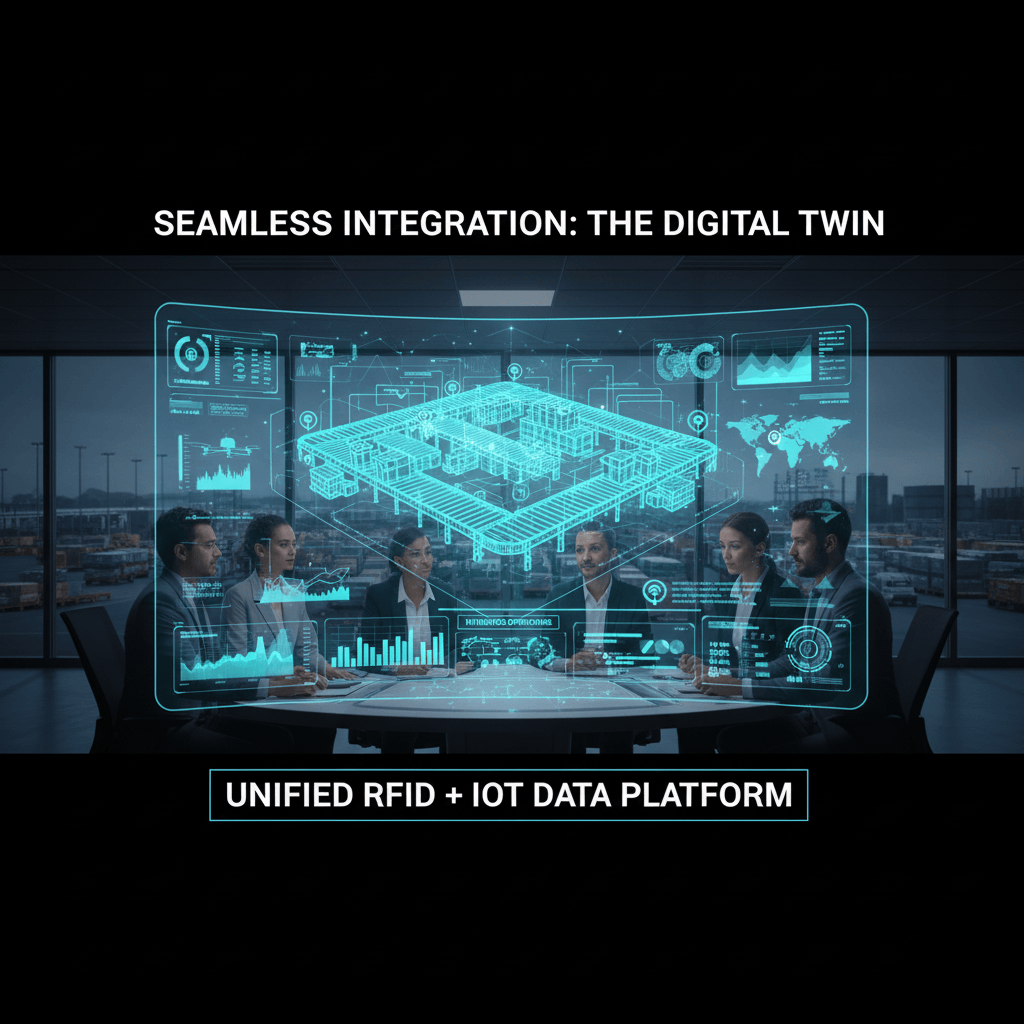 A network diagram showing RFID, sensors, and other IoT devices connecting to a central cloud