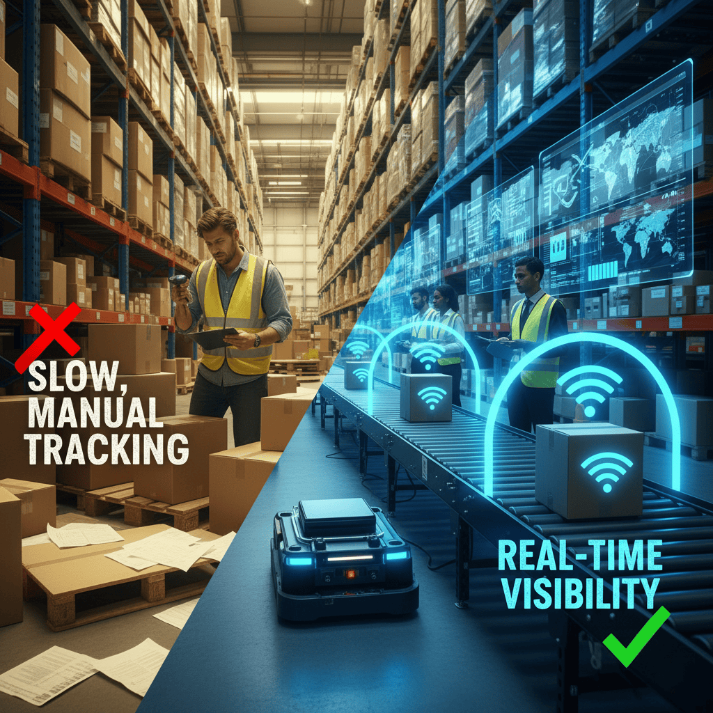 RFID reader scanning boxes in a logistics warehouse