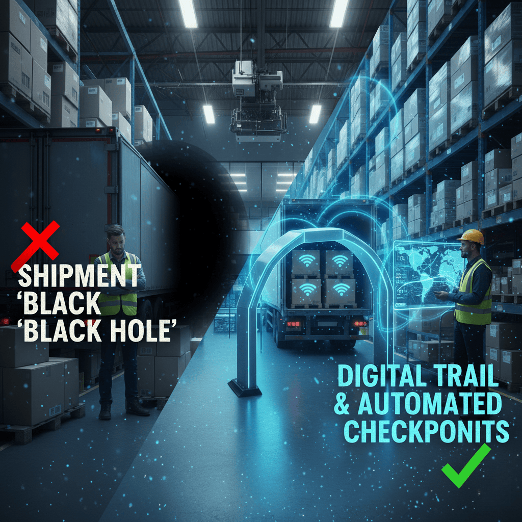 Truck passing an RFID checkpoint at a distribution center