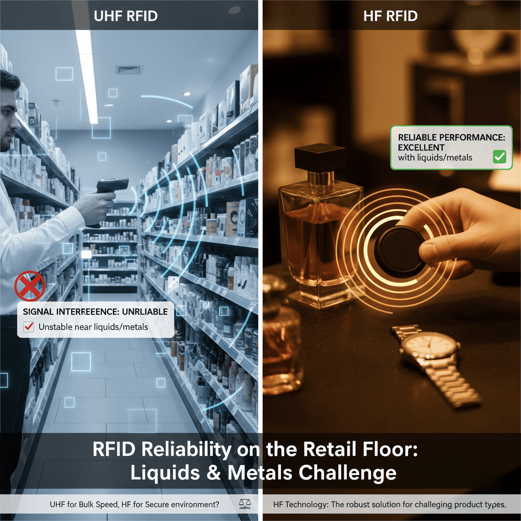 RFID tag on a metal can and a liquid bottle