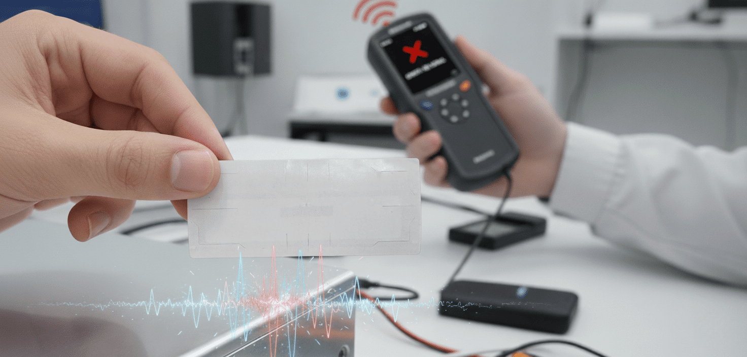 A standard RFID tag failing to be read on a metal sheet