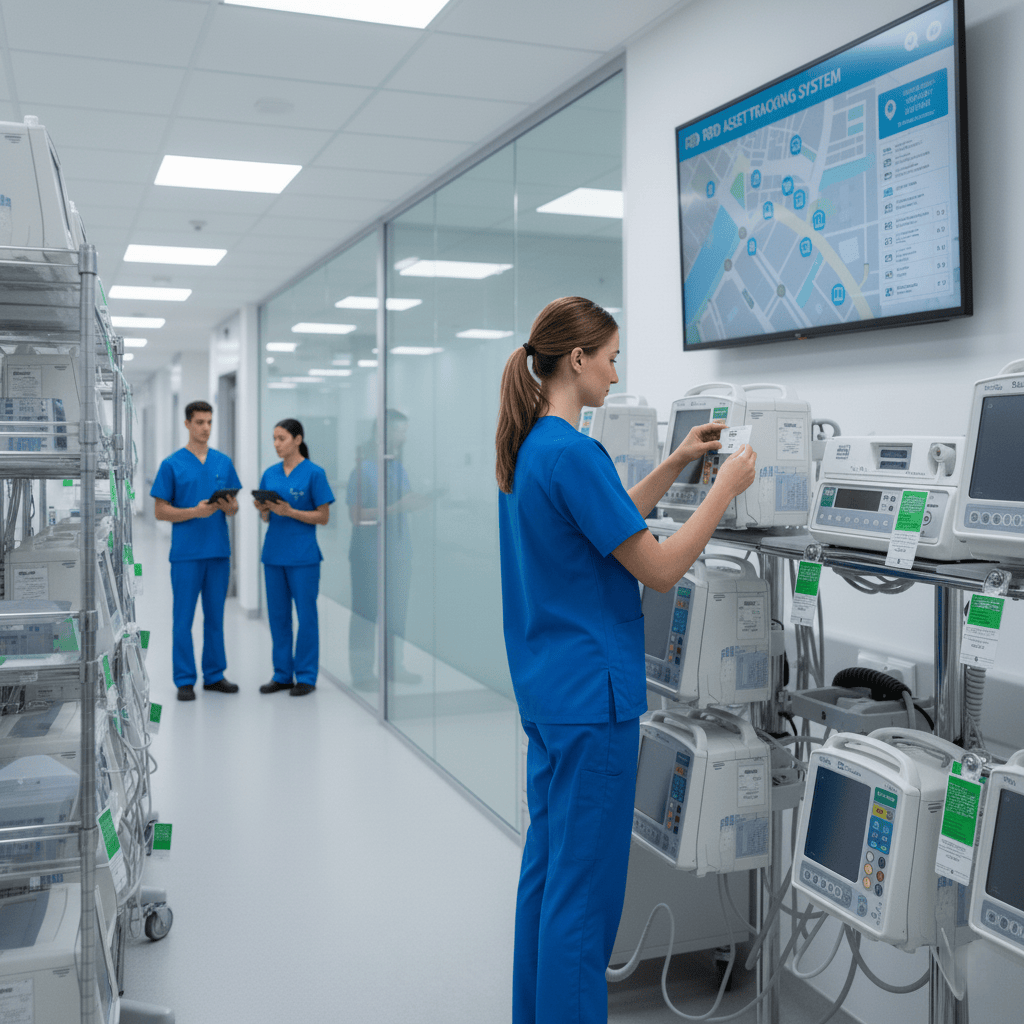 An RFID wristband on a patient's arm in a hospital setting