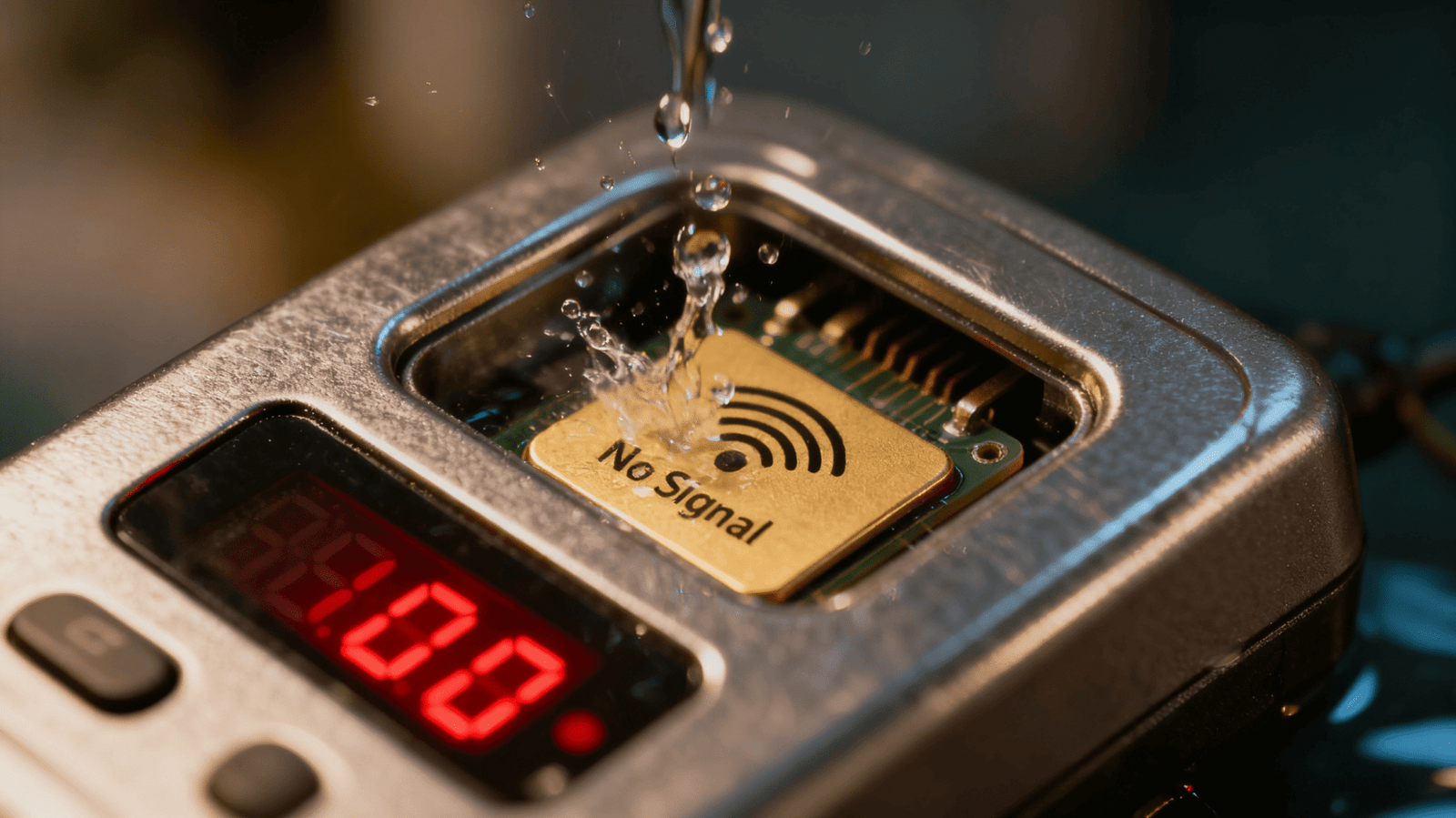 An illustration showing RFID waves being blocked by metal and water