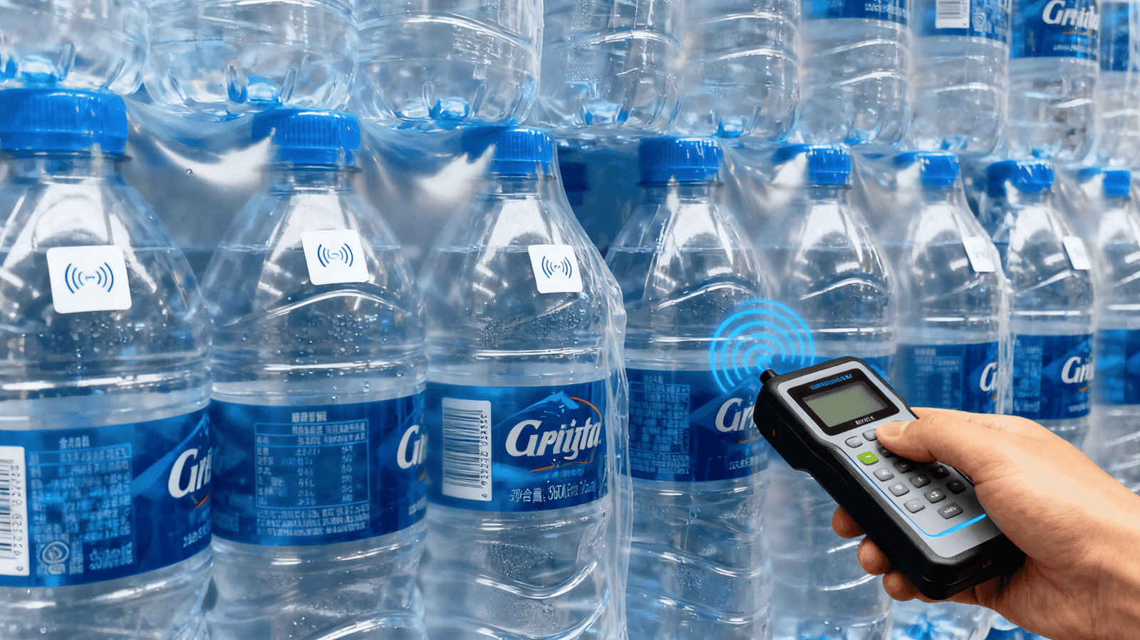 An RFID tag attached to a water bottle with signal waves being absorbed