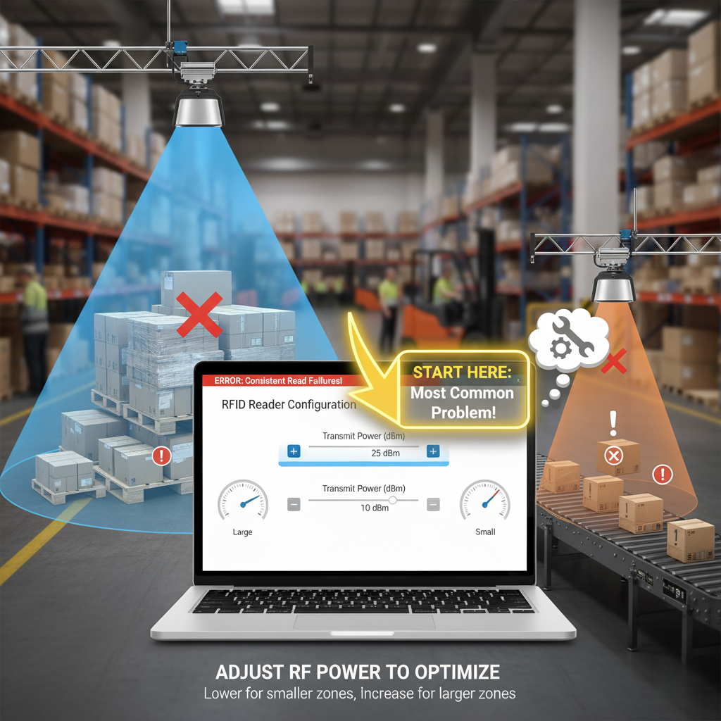 Diagram showing how RFID reader power affects the read zone size