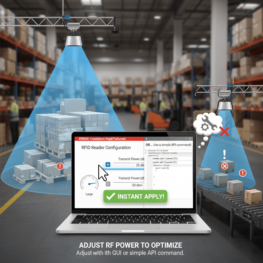 Screenshot of an RFID reader configuration utility showing the power level slider