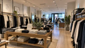 Modern retail apparel store interior with neatly organized clothing racks and display shelves.