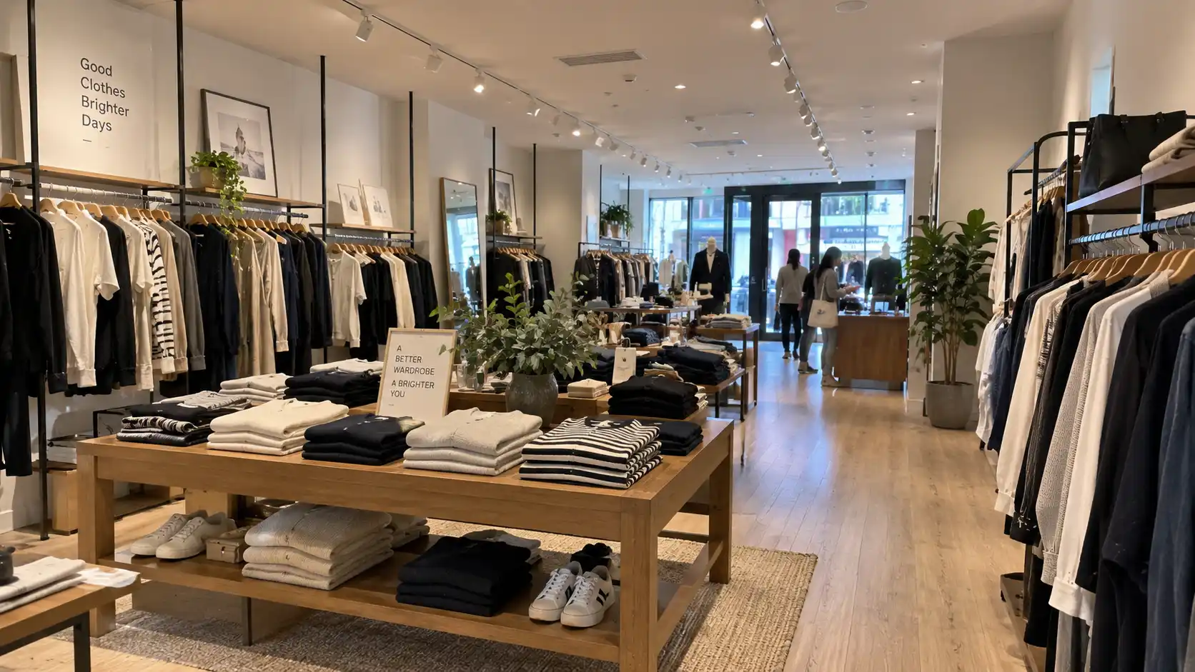 Modern retail apparel store interior with neatly organized clothing racks and display shelves.