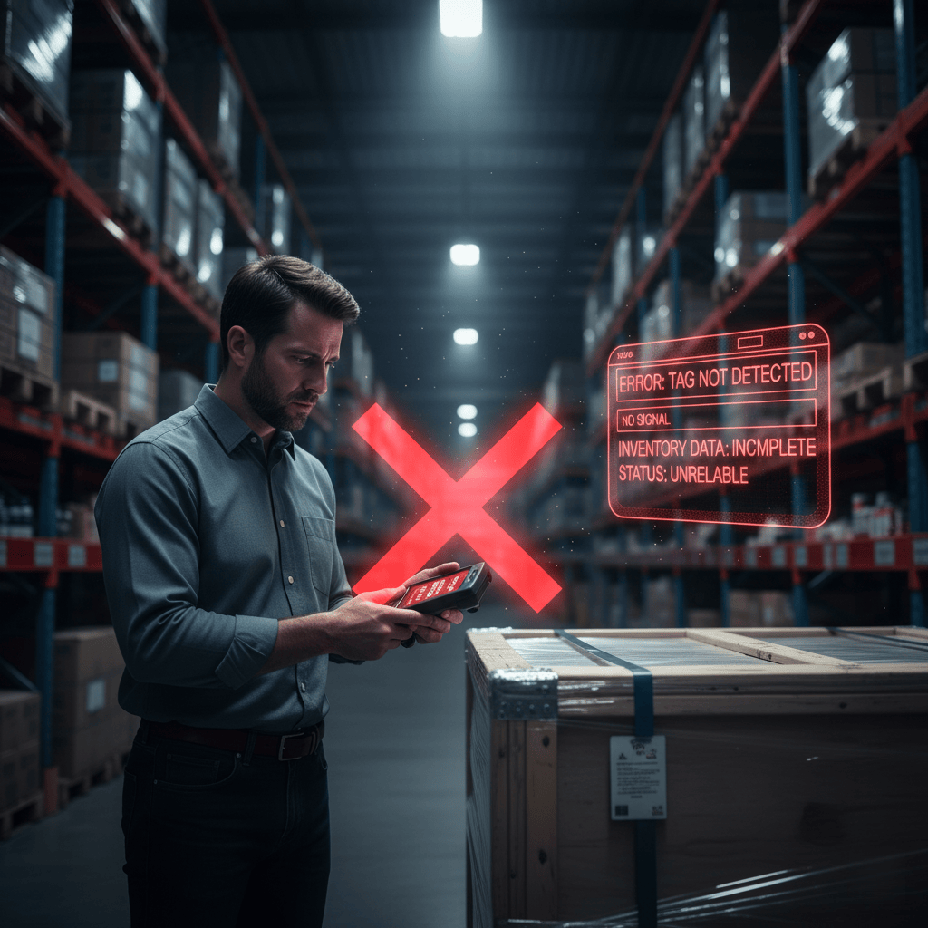 A close-up shot of various RFID tags: a hard tag for assets, a flexible label, and a small inlay.