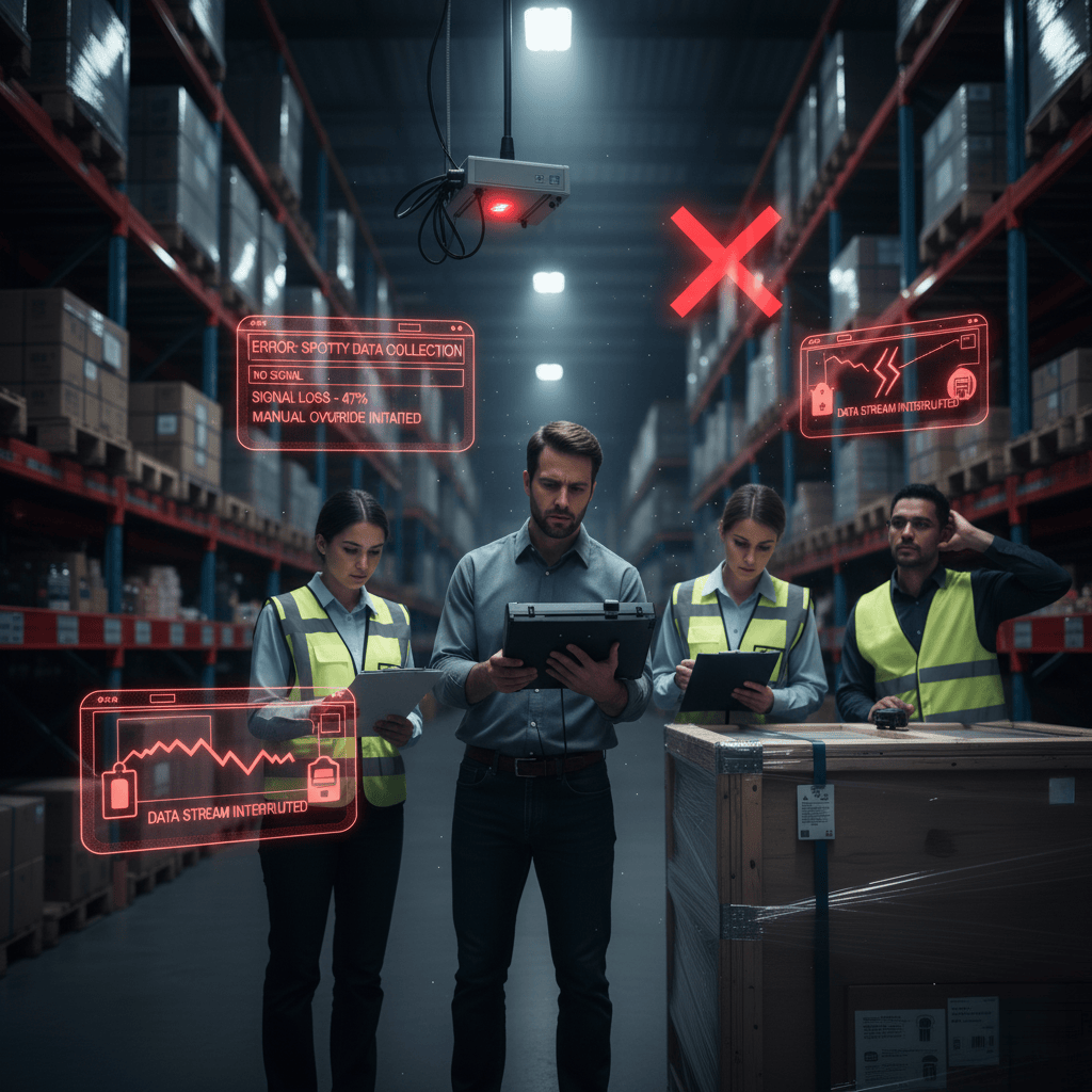 A fixed RFID reader with multiple antennas mounted on a portal, and a person holding a handheld RFID reader in a warehouse aisle.