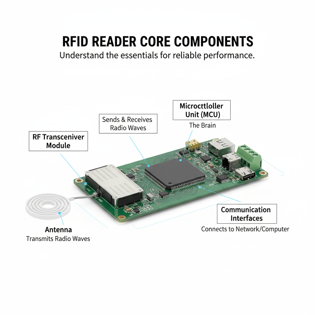 An exploded view of an RFID reader showing its internal components