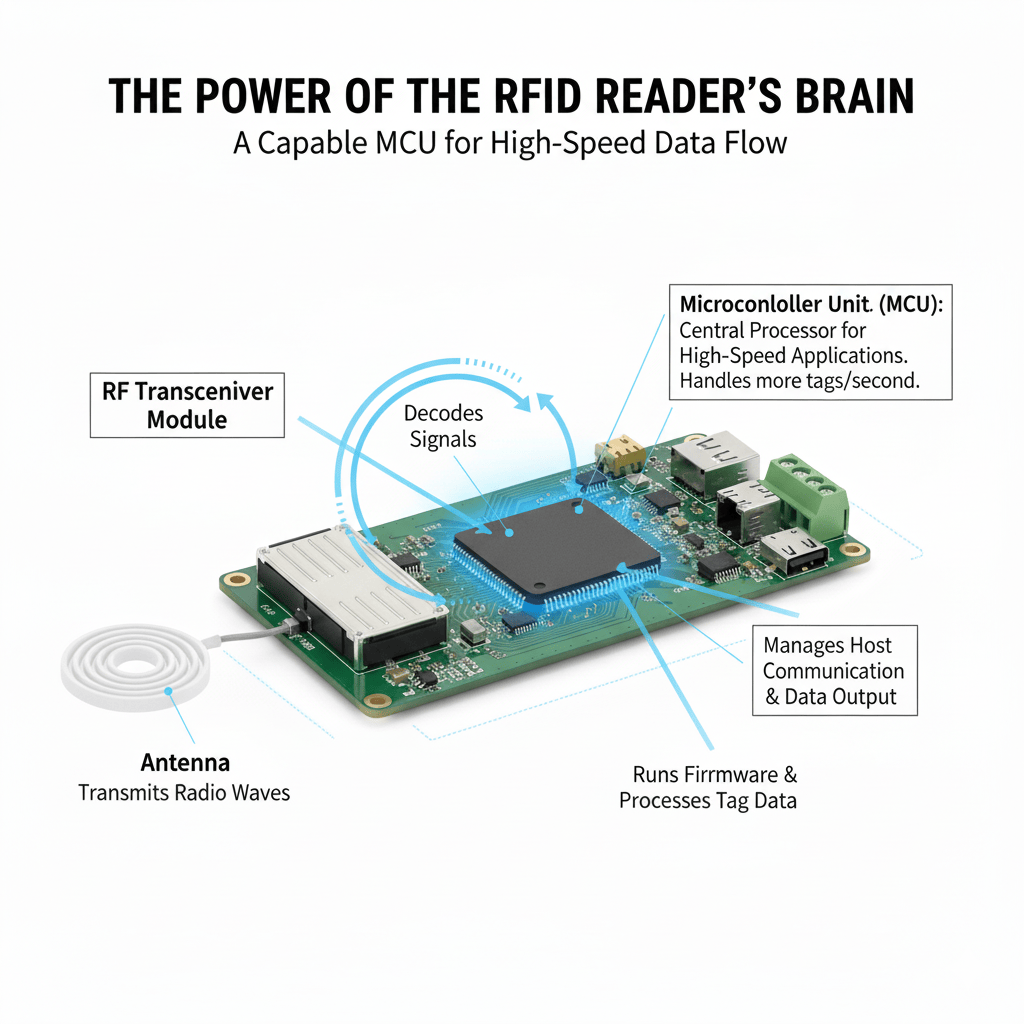 A close-up of a microcontroller unit (MCU) on a circuit board