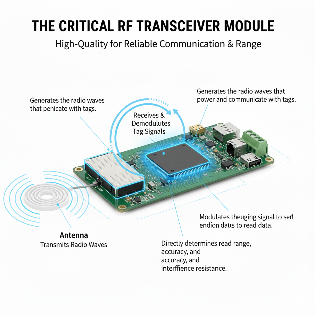 An illustration of an RF transceiver module sending and receiving radio waves