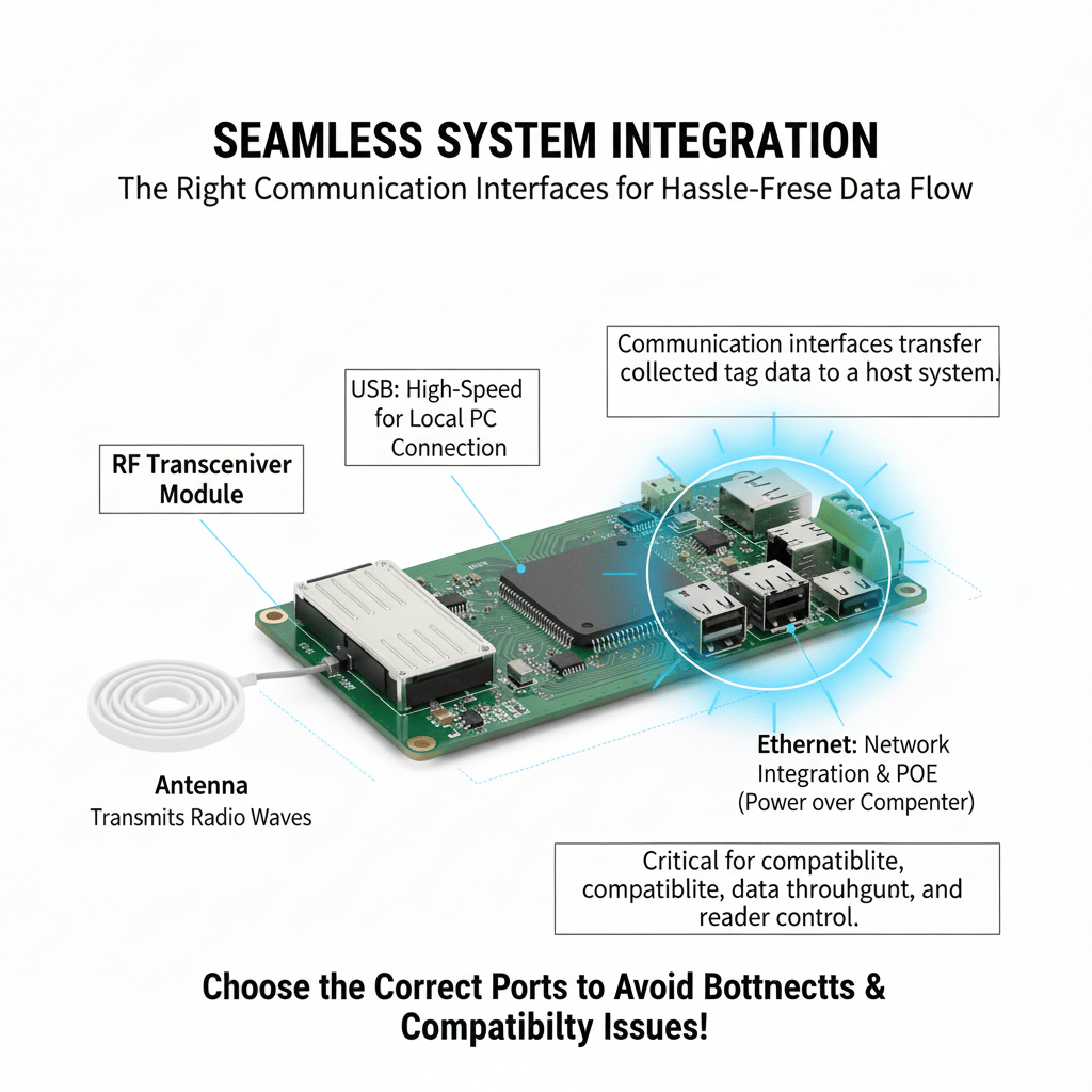 Various communication interface ports on the back of an RFID reader