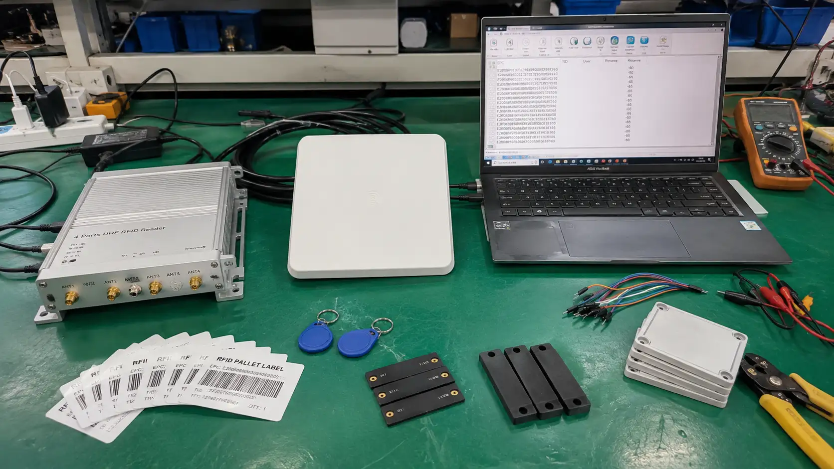 Comprehensive showcase of the four RFID system components including UHF tags, reader module, patch antenna, and laptop software on a test bench.