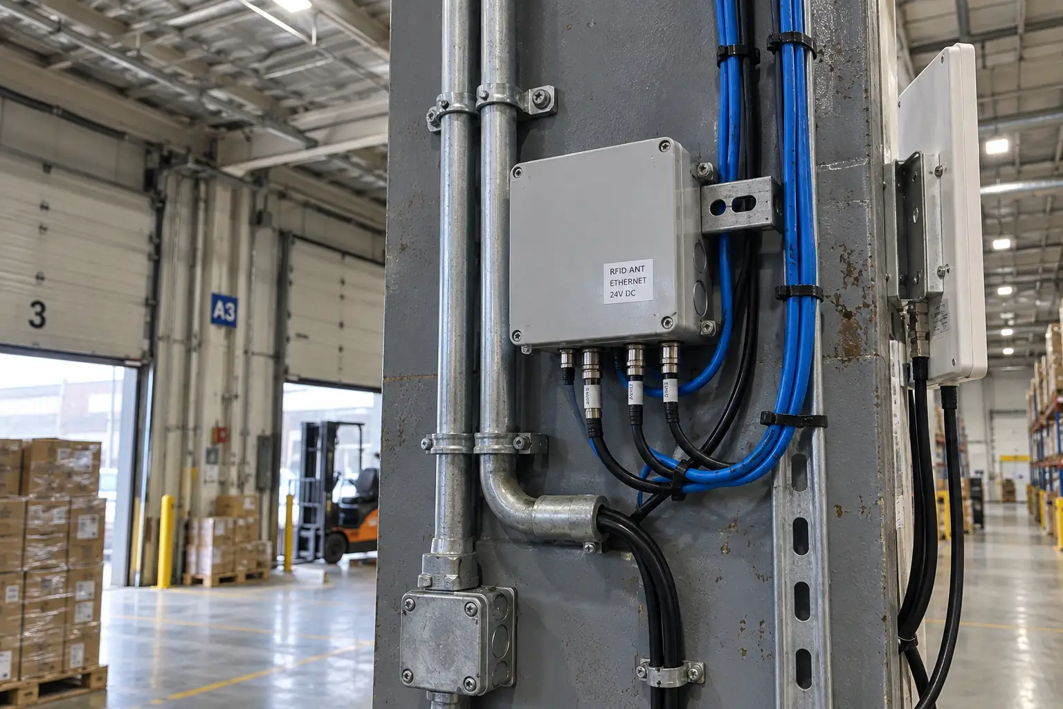 RFID cabling and conduit being installed for a fixed portal