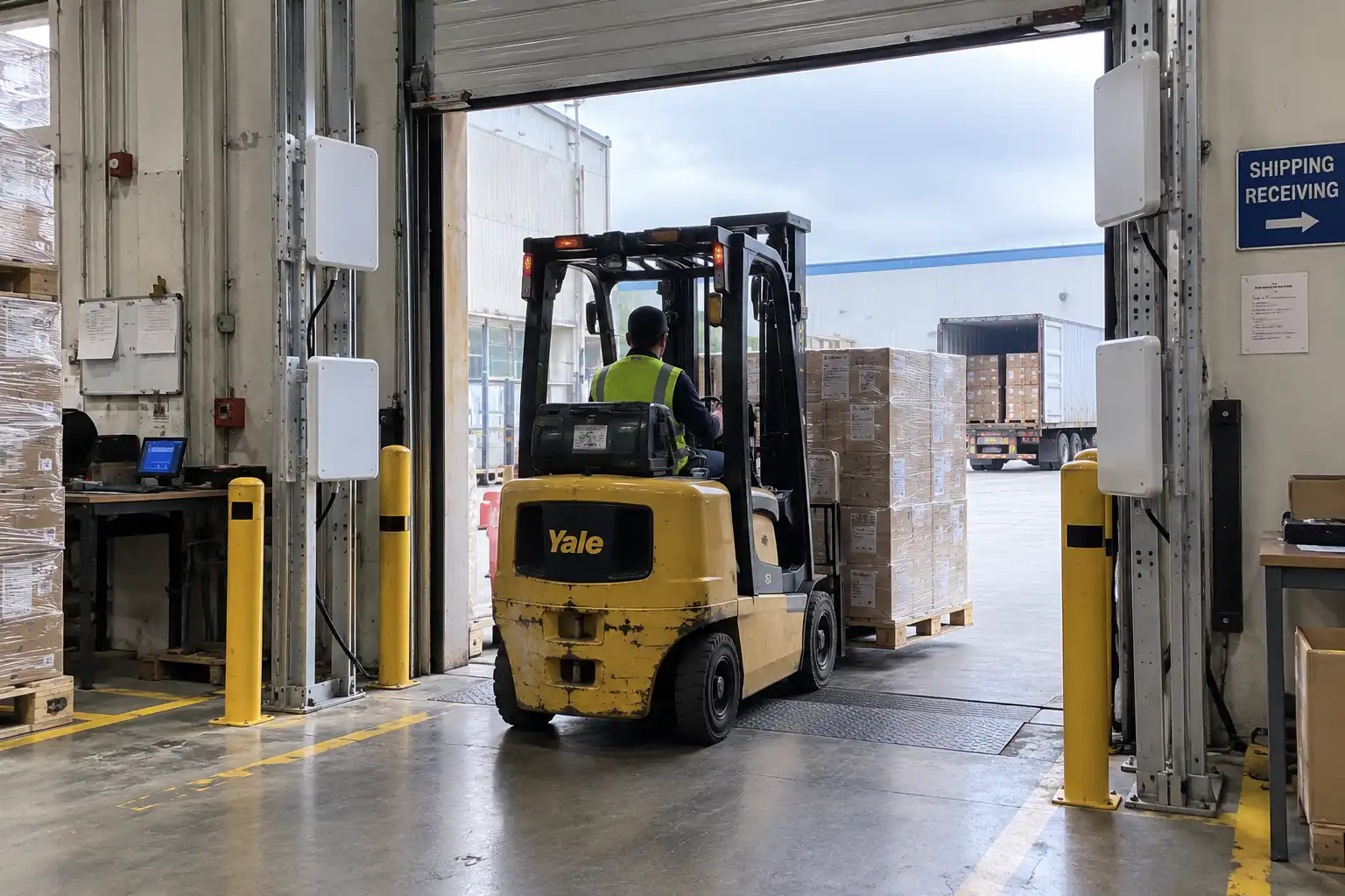 Fixed RFID portal reading a pallet at a warehouse dock door