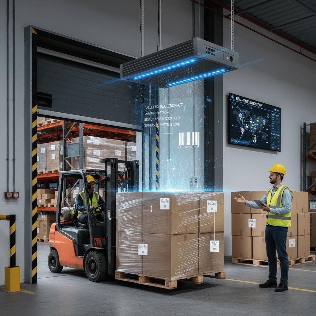 RFID reader at a warehouse dock door scanning a pallet