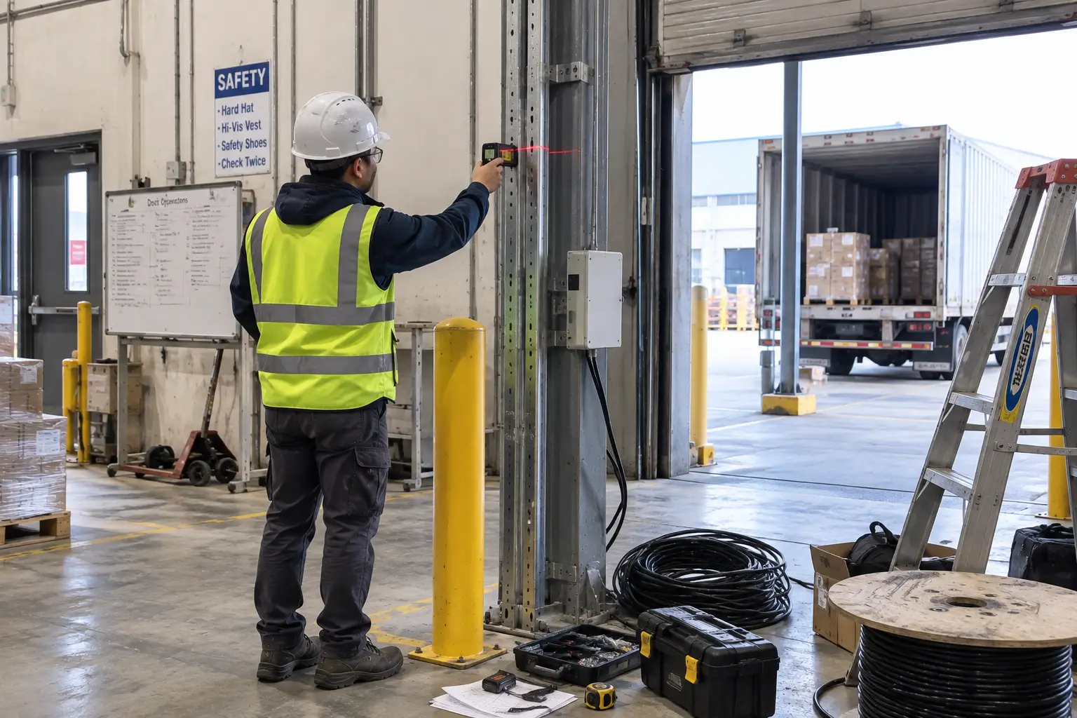 RFID field engineer measuring a portal before reader and antenna installation
