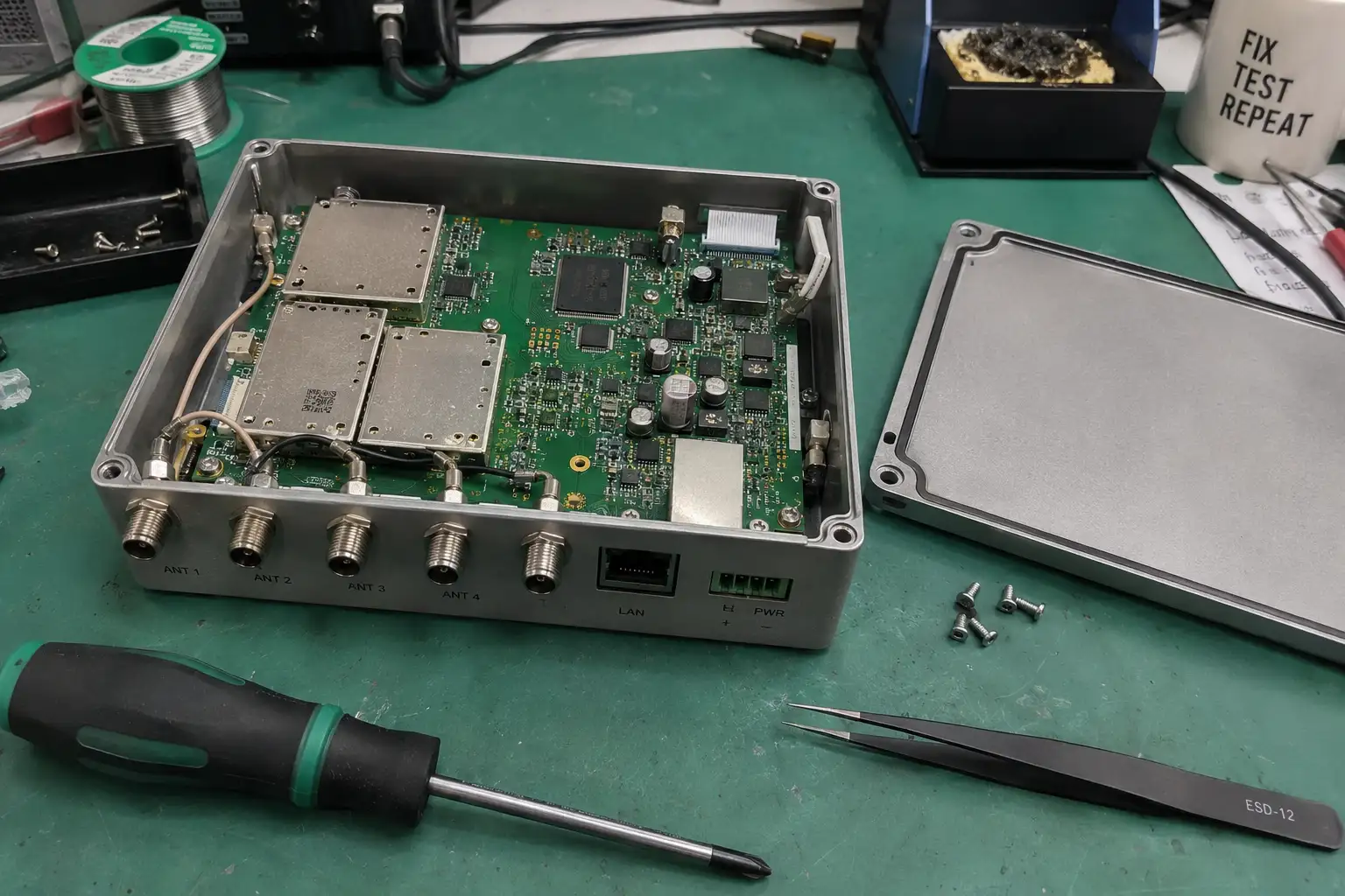 An exploded view of an RFID reader showing its internal components