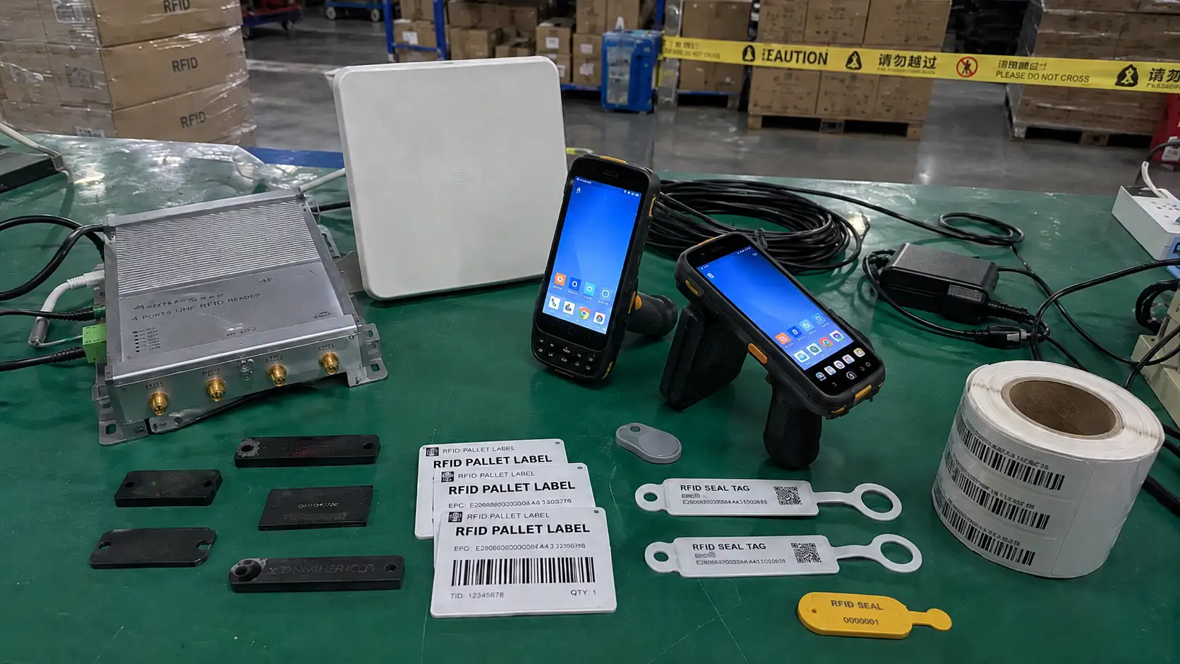 Comprehensive Fongwah RFID logistics hardware ecosystem including fixed dock door readers, rugged handheld terminals, and pallet tags.