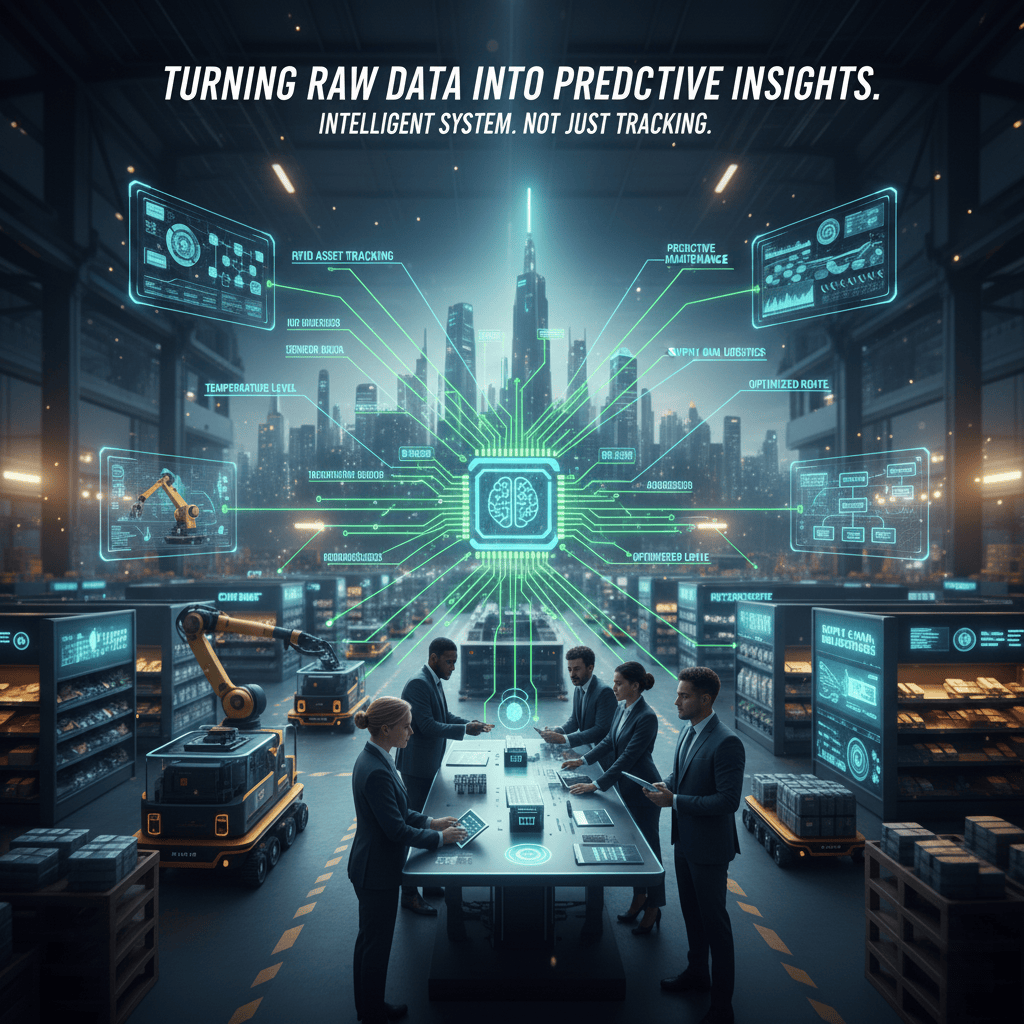 An illustration of RFID, IoT, and AI working together in a network