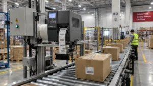 Automated print-and-apply labeling station with industrial label printer operating beside a warehouse conveyor.