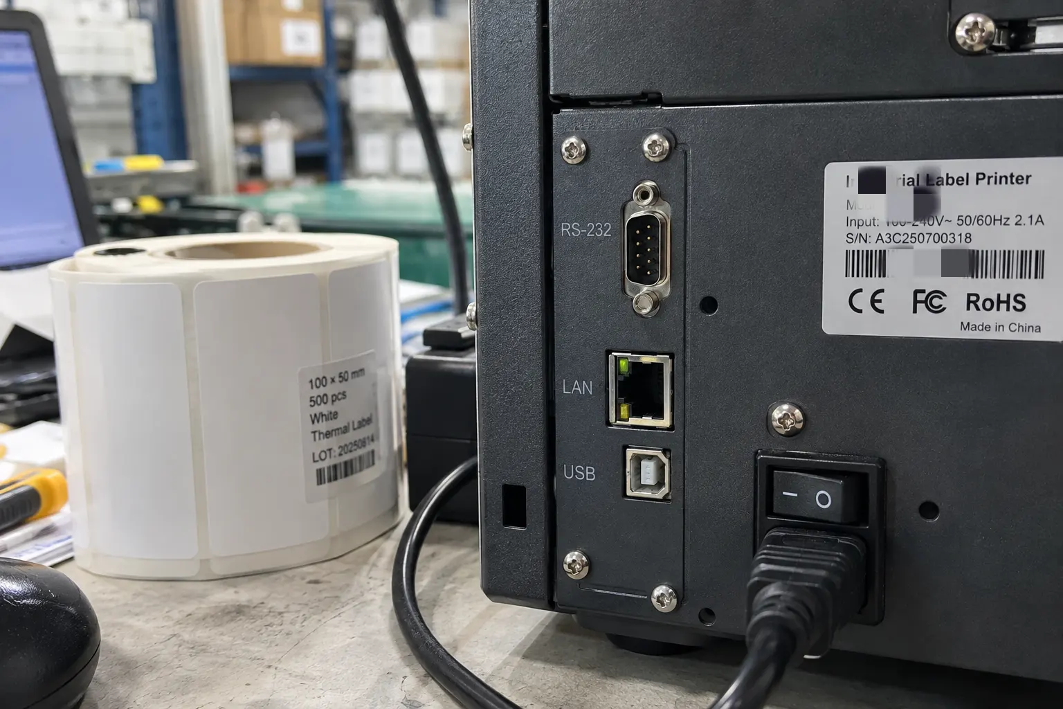 Close-up of USB, Ethernet, and Serial ports on a printer