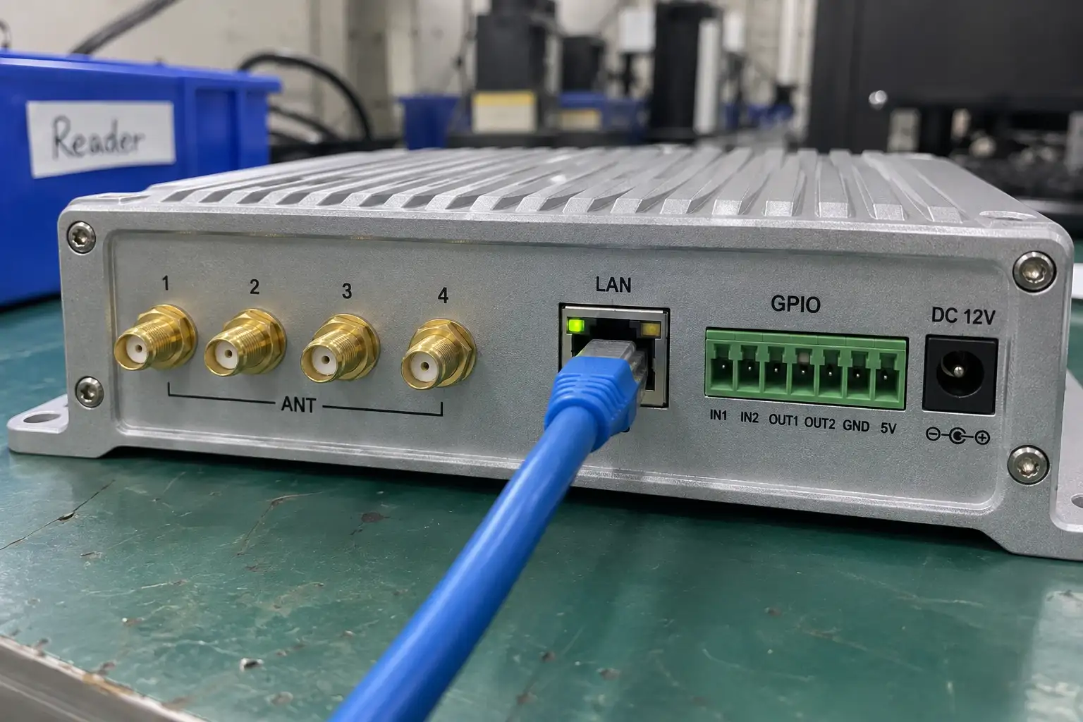 Various communication interface ports on the back of an RFID reader