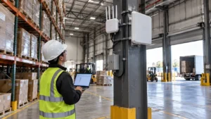 Network engineer conducting an RF spectrum survey in a warehouse with Wi-Fi access points and RFID portals installed.