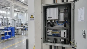 Fixed industrial RFID reader and wiring components installed inside an open electrical control cabinet.