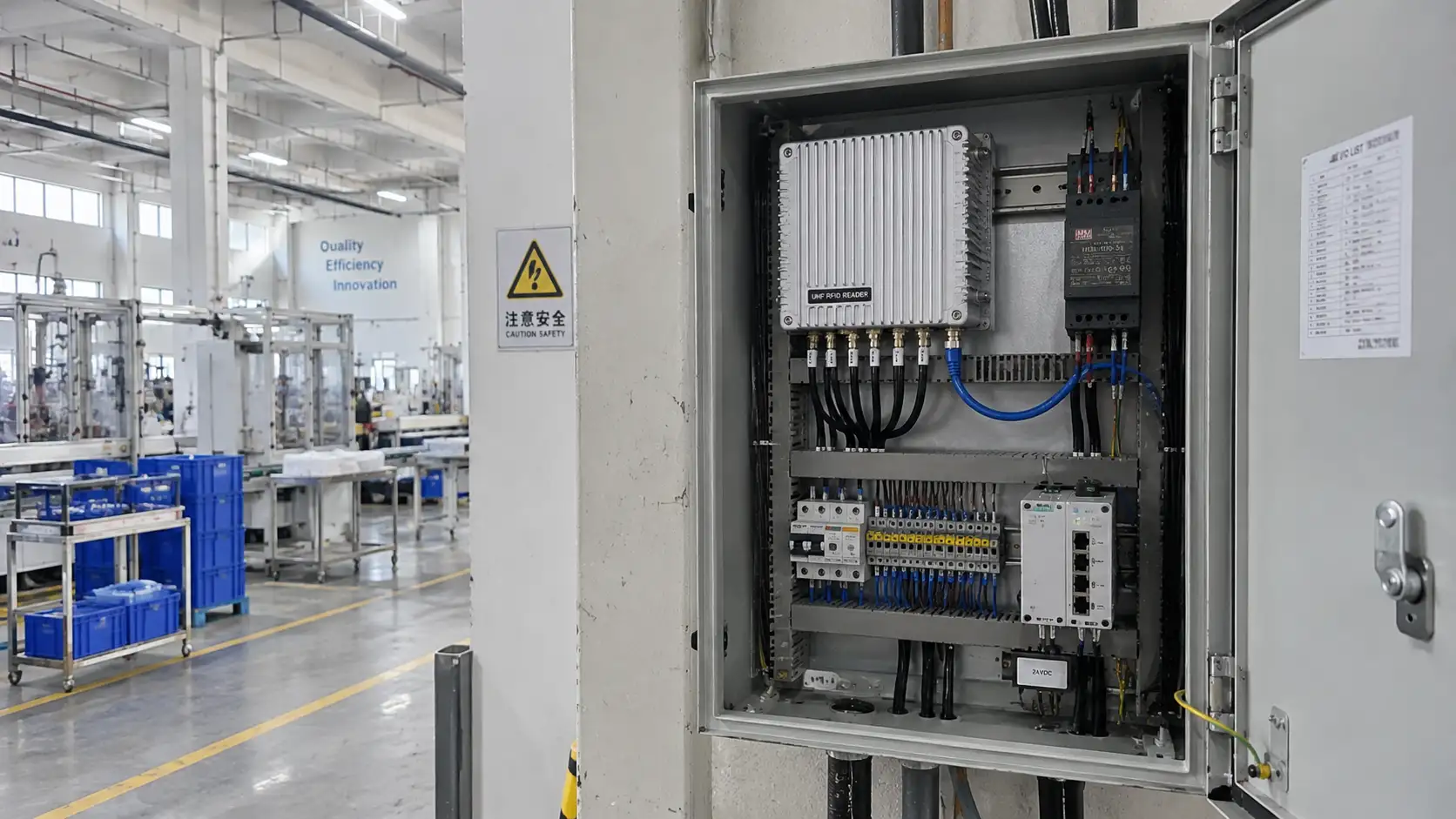 Fixed industrial RFID reader and wiring components installed inside an open electrical control cabinet.