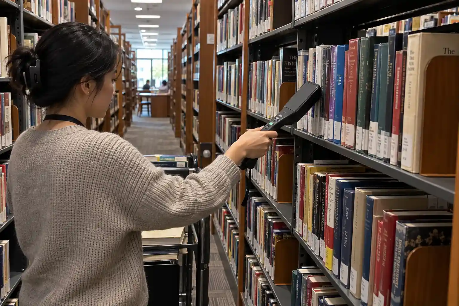 A smart shelf in a library with RFID readers