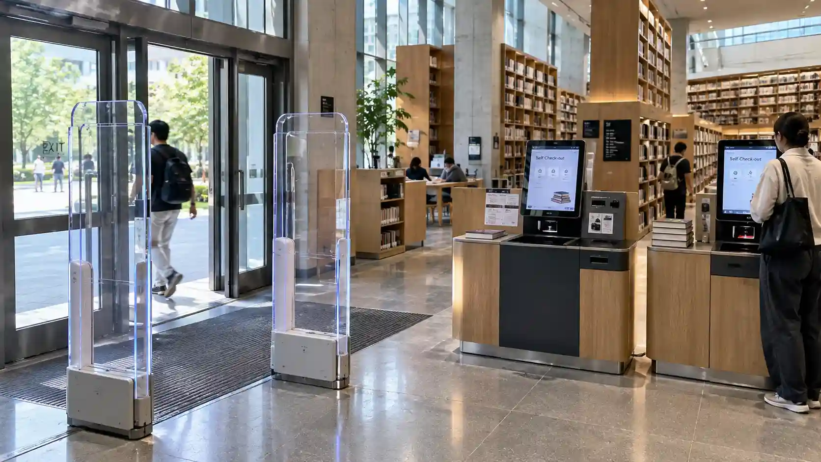 Bright university library lobby featuring transparent RFID security gates and self-checkout kiosks near tall book stacks.
