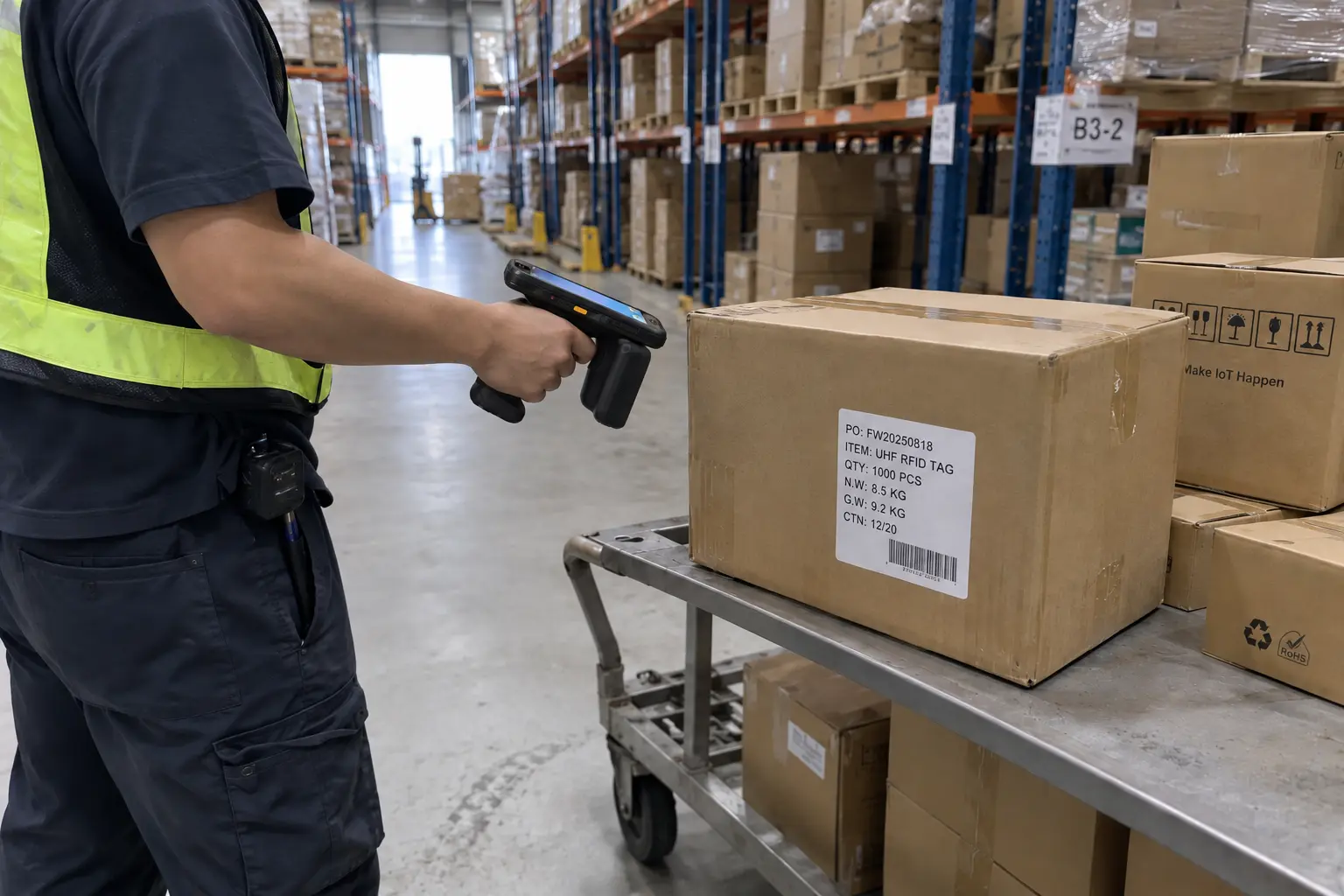 A person holding and aiming an RFID reader at a box with an RFID tag