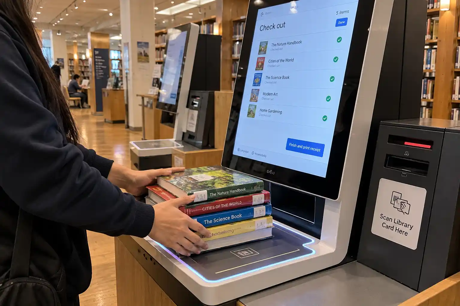 A patron using a self-checkout RFID kiosk