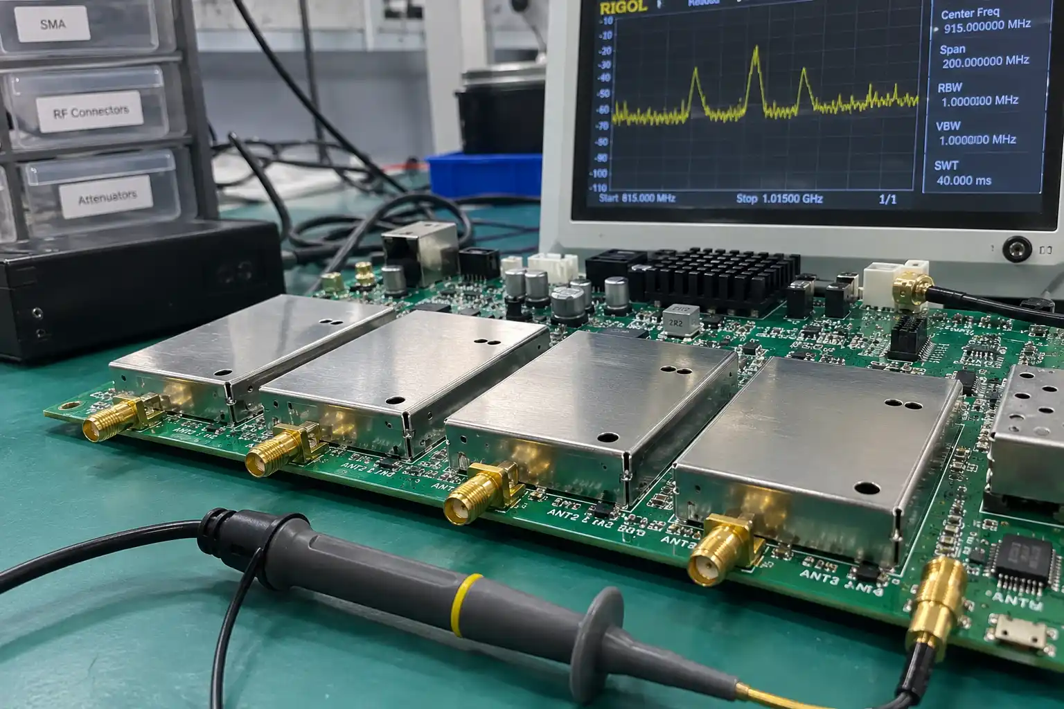 An illustration of an RF transceiver module sending and receiving radio waves