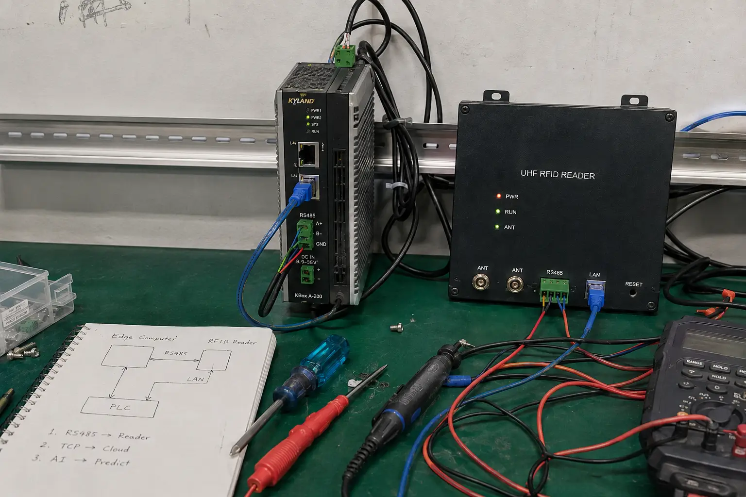 An illustration of RFID, IoT, and AI working together in a network