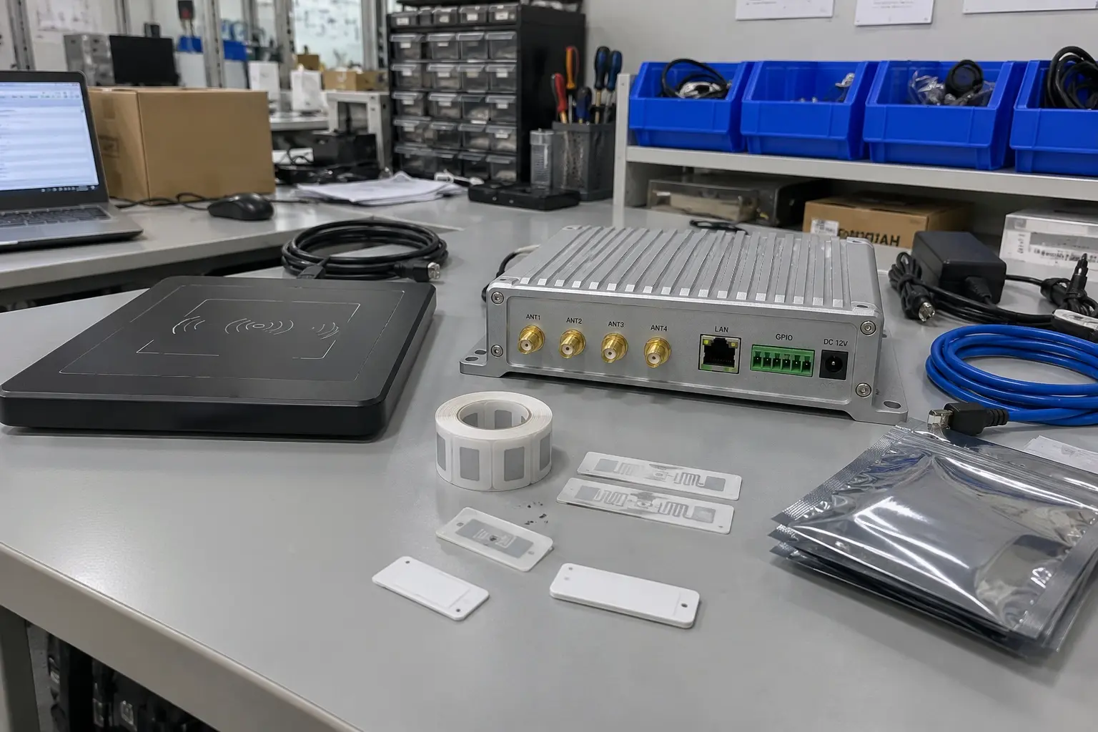 A collection of different types of RFID readers on a workbench