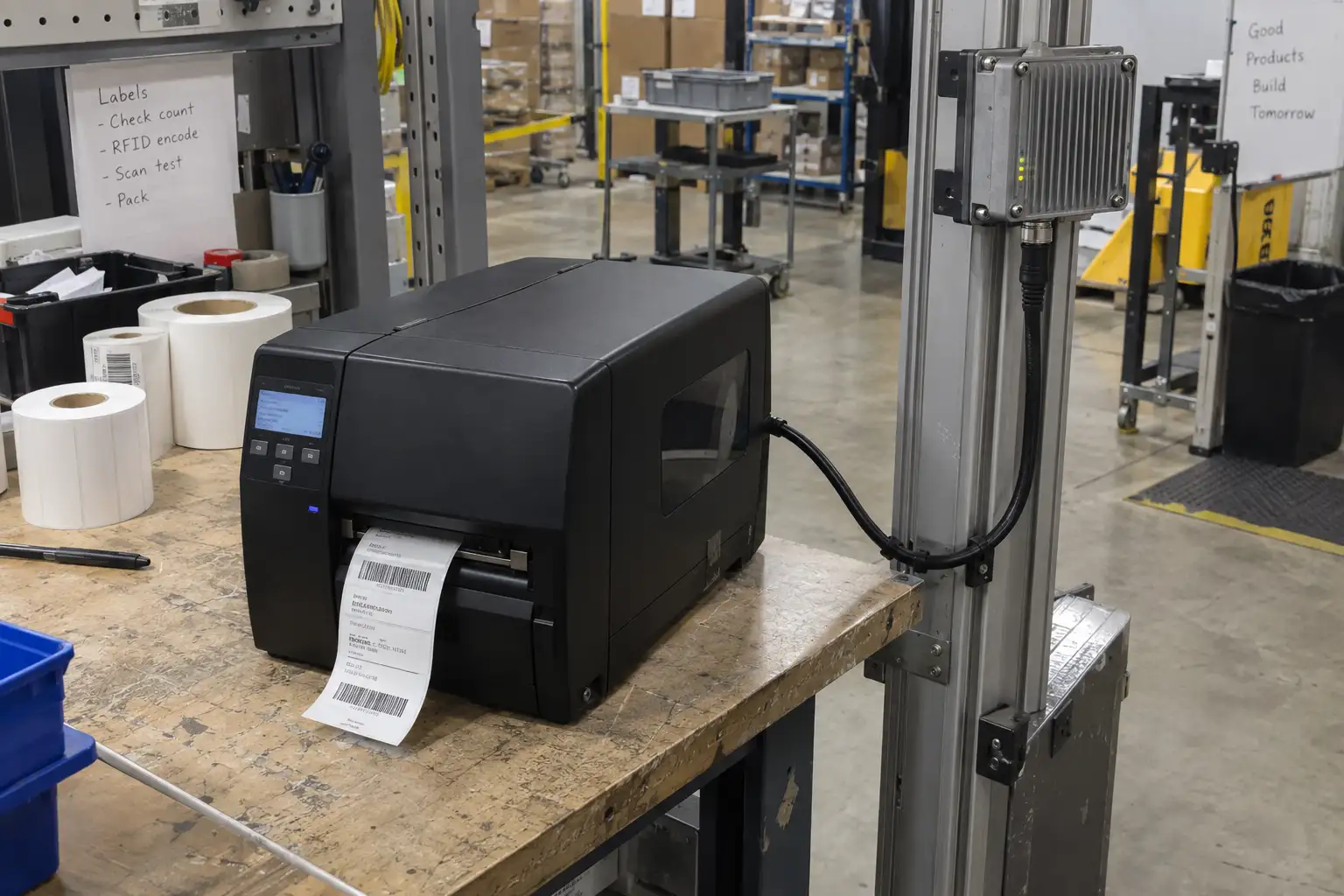 An RFID reader connected to a label printer in a warehouse