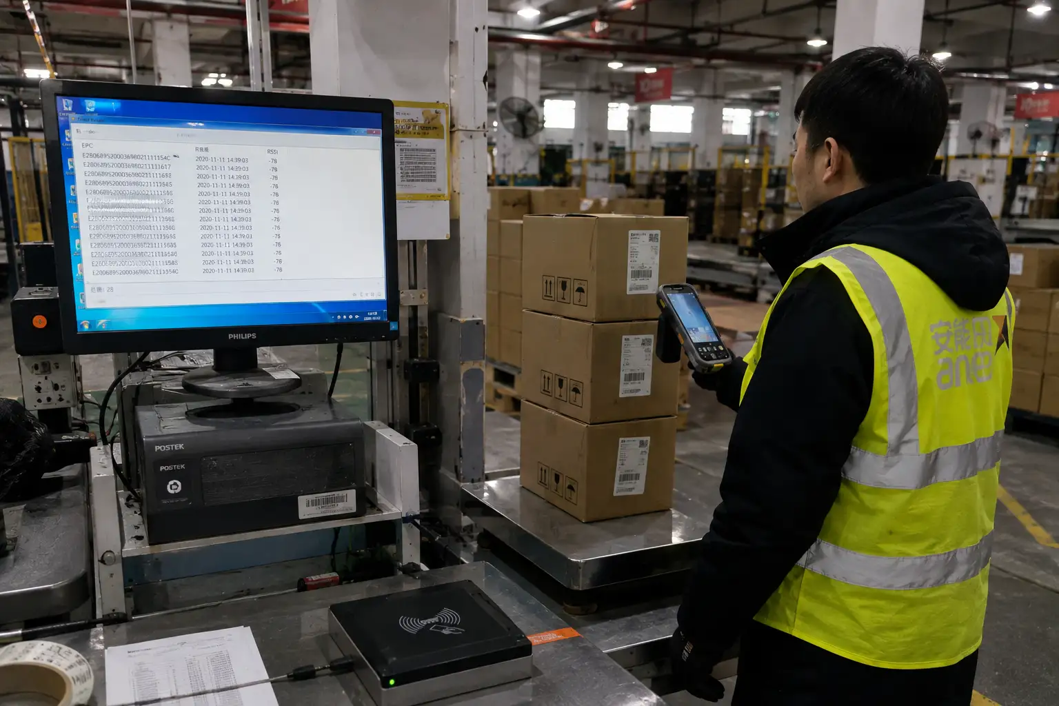 RFID reader scanning boxes in a logistics warehouse