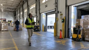 Systems engineer holding a layout clipboard while surveying dock door read zones in a distribution center.